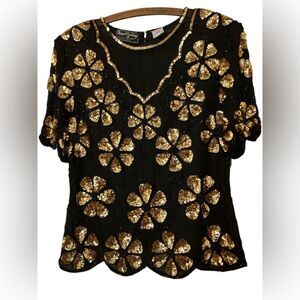 Vintage Royal Feelings Daisy Sequin Top Size M Retro Cruise Resort New Years Eve